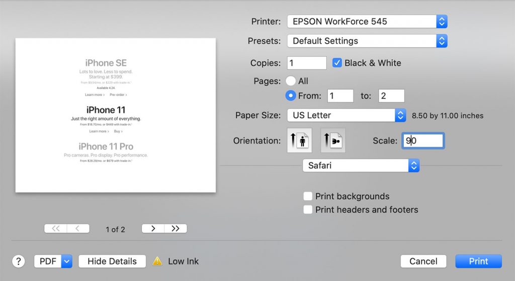 how to print in black and white on mac chrome