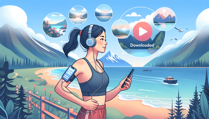 Illustration of a young woman with Asian descent jogging in a scenic route by the beach, with headphones on. Her smartphone attached to her arm shows a 'downloaded' symbol.