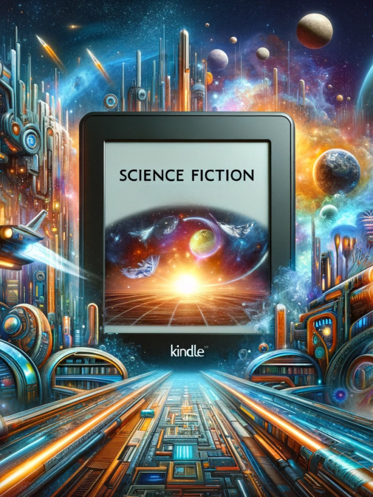 It creatively blends elements of science fiction with a modern e-reading experience, capturing the essence of the genre in a futuristic and imaginative design