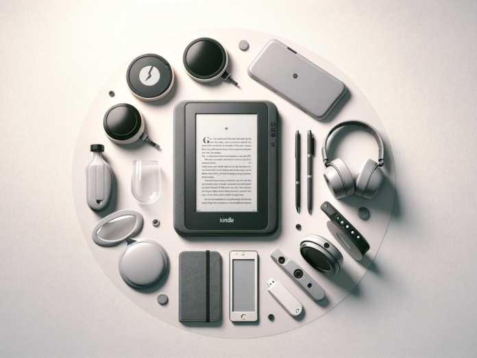 Kindle surrounded by several accessories on a table